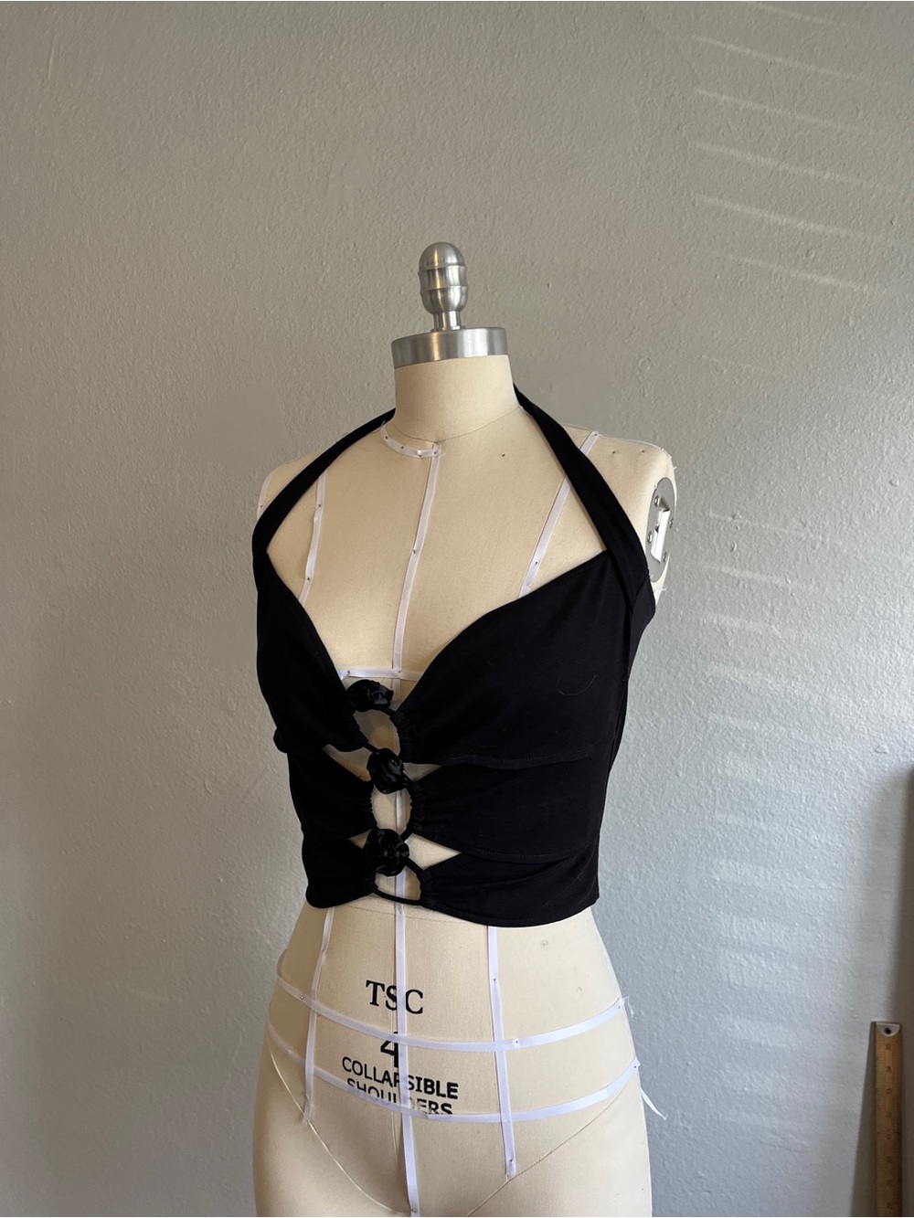 Minor Star Black Halter Crop Top with Rose Detail